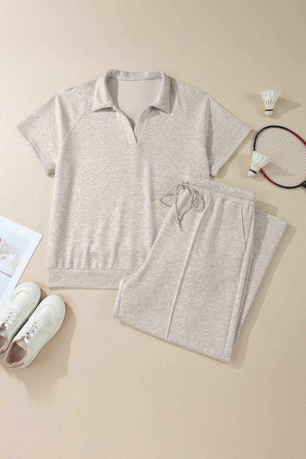 Light Grey Plus Size V Neck Polo Tee Drawstring Loose Pants 2pcs Set