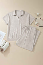 Light Grey Plus Size V Neck Polo Tee Drawstring Loose Pants 2pcs Set