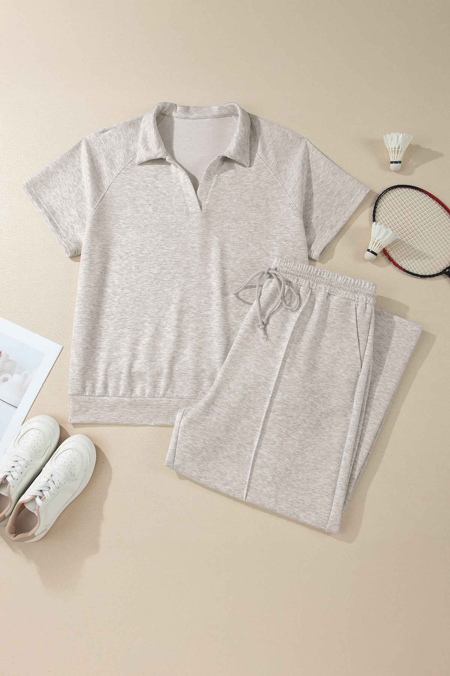 Light Grey Plus Size V Neck Polo Tee Drawstring Loose Pants 2pcs Set