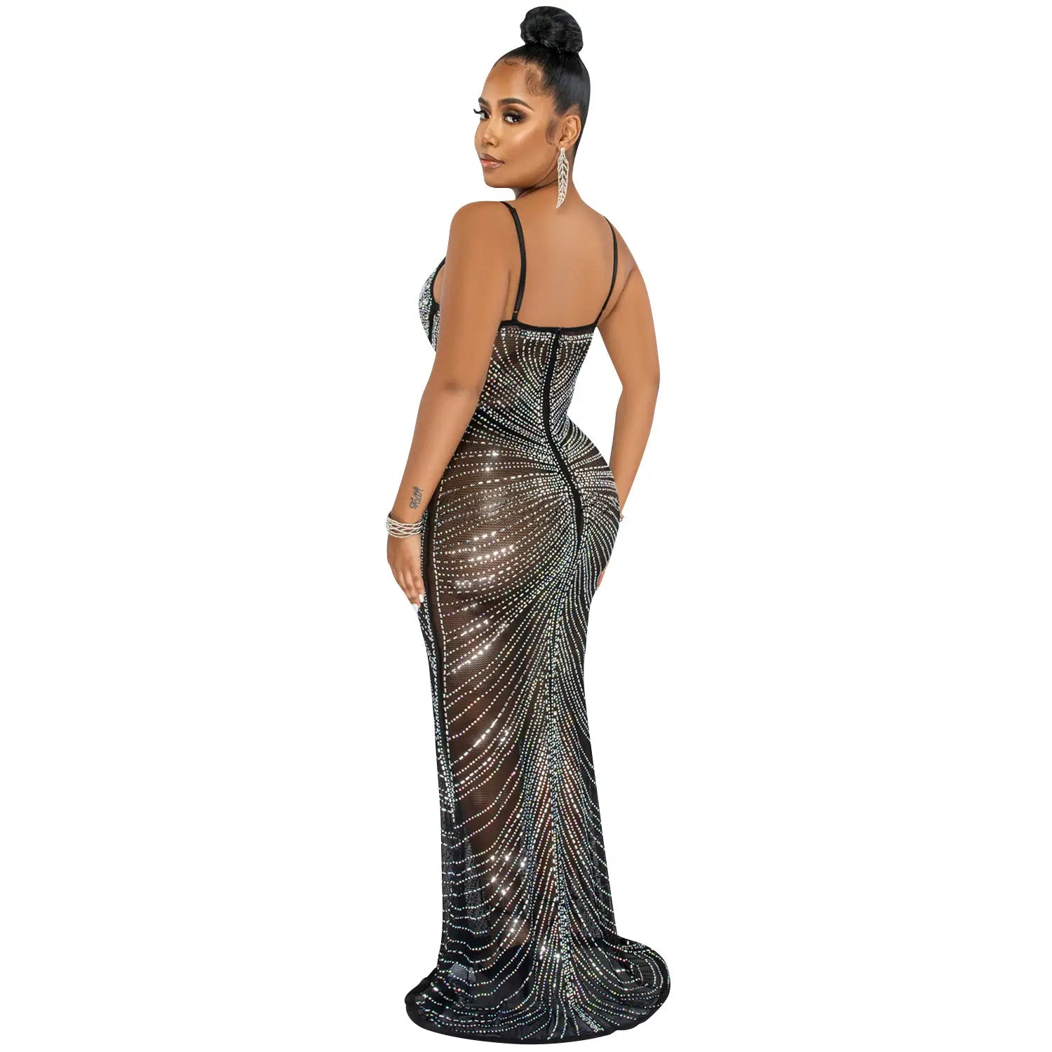 Fashion sexy beaded strapless sheer mesh long dress