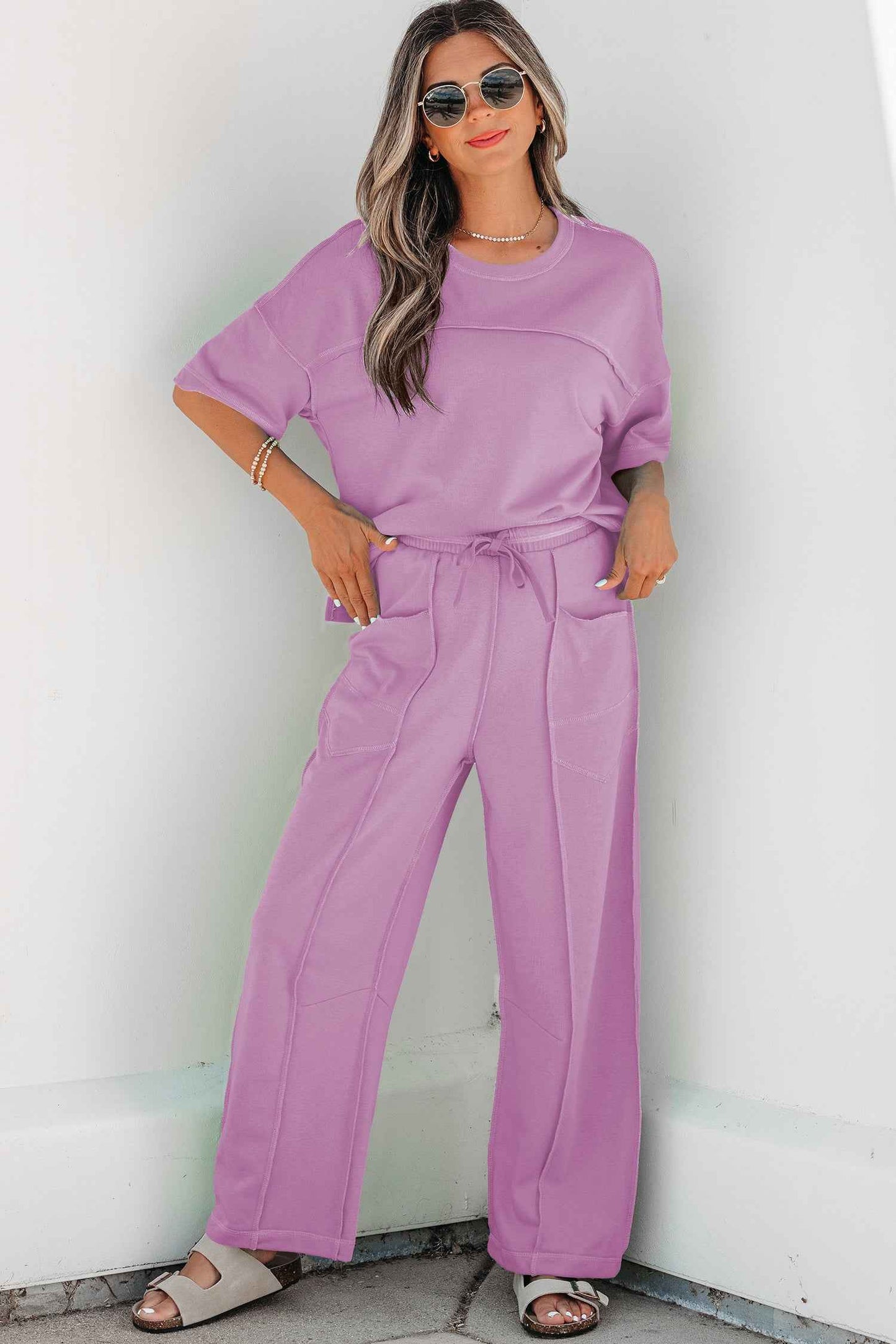 Orchid Bouquet Drop Shoulder Boxy Tee and Barrel Pants Set