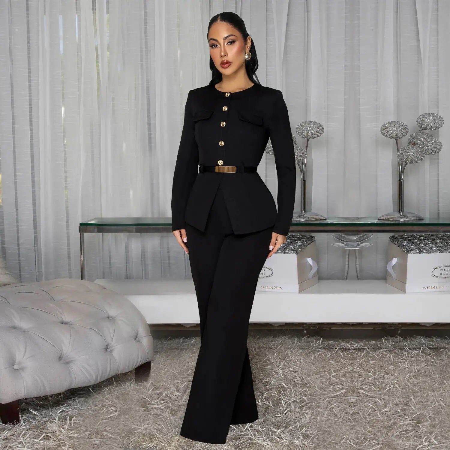 Fashionable women’s slimming belted top and pants set