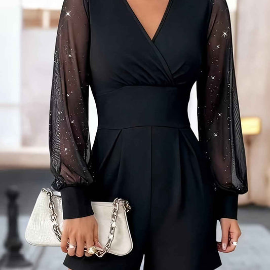 Elegant Black Mesh VNeck Bishop Sleeve Jumpsuit for Women