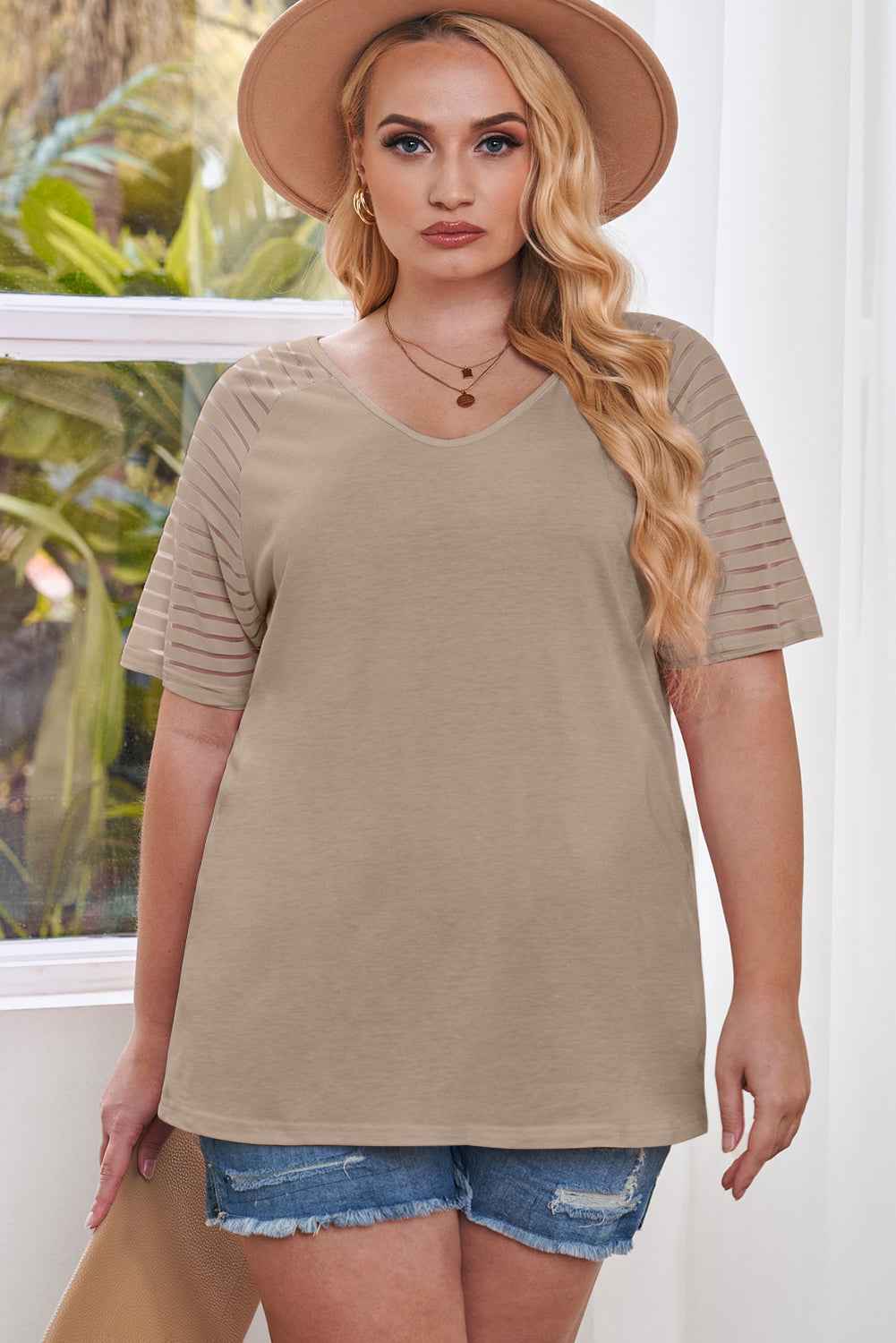 Khaki Striped Raglan Sleeve Plus Size Tee