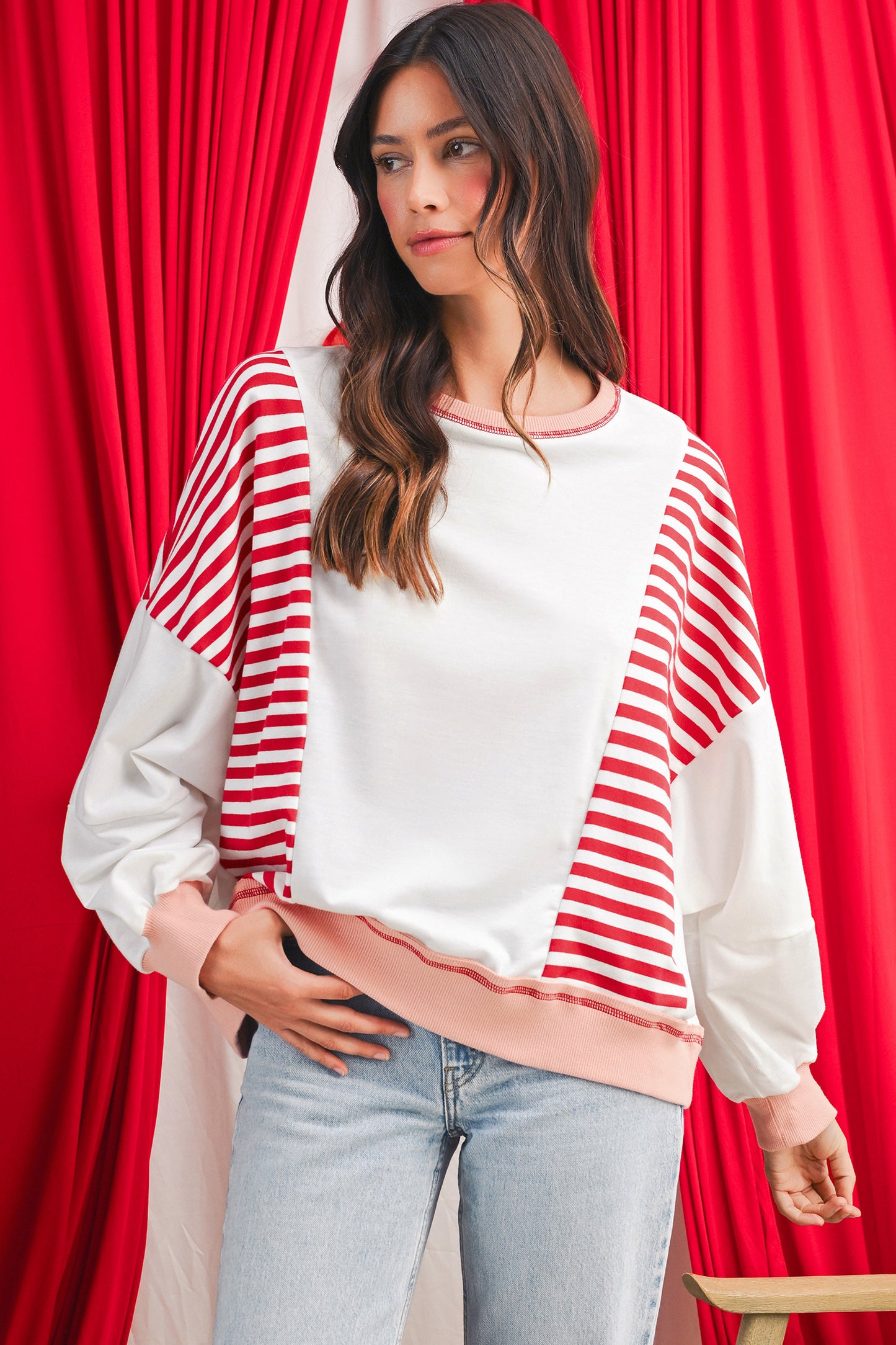 White Striped Colorblock Patchwork Oversized Sweatshirt