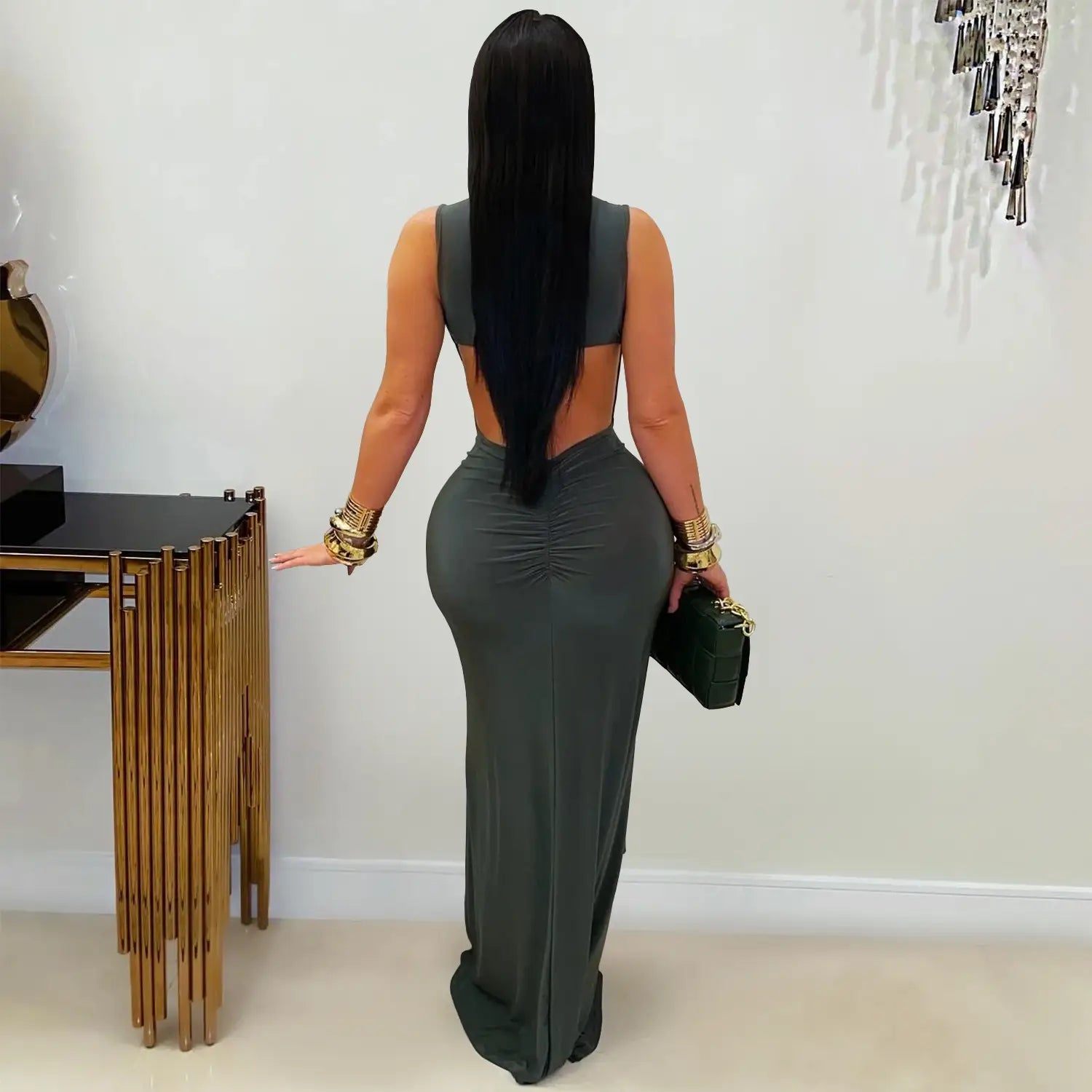 Fashion women’s elegant solid color slim backless dress