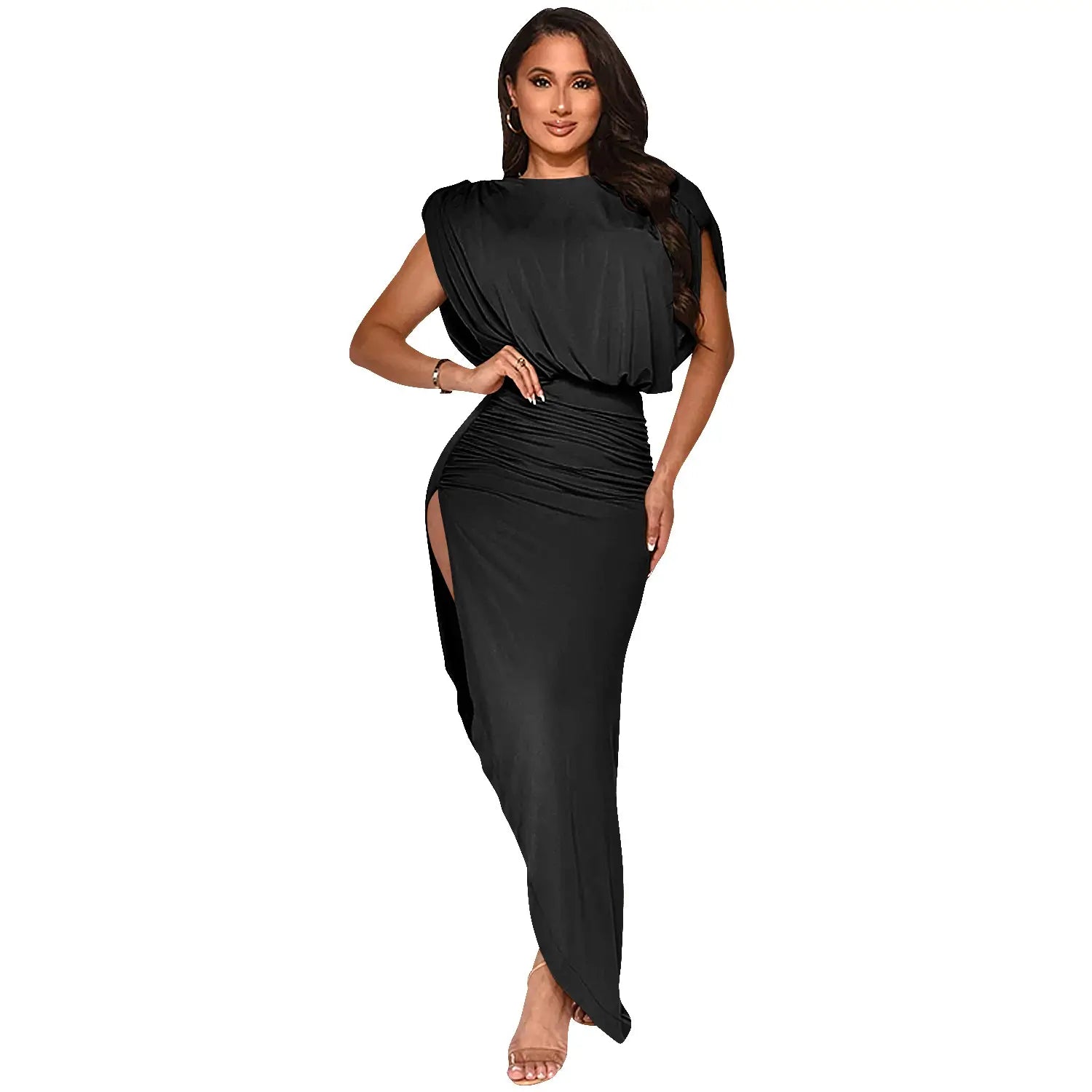 Fashion solid color women’s round neck sleeveless pleated asymmetrical slit long dress