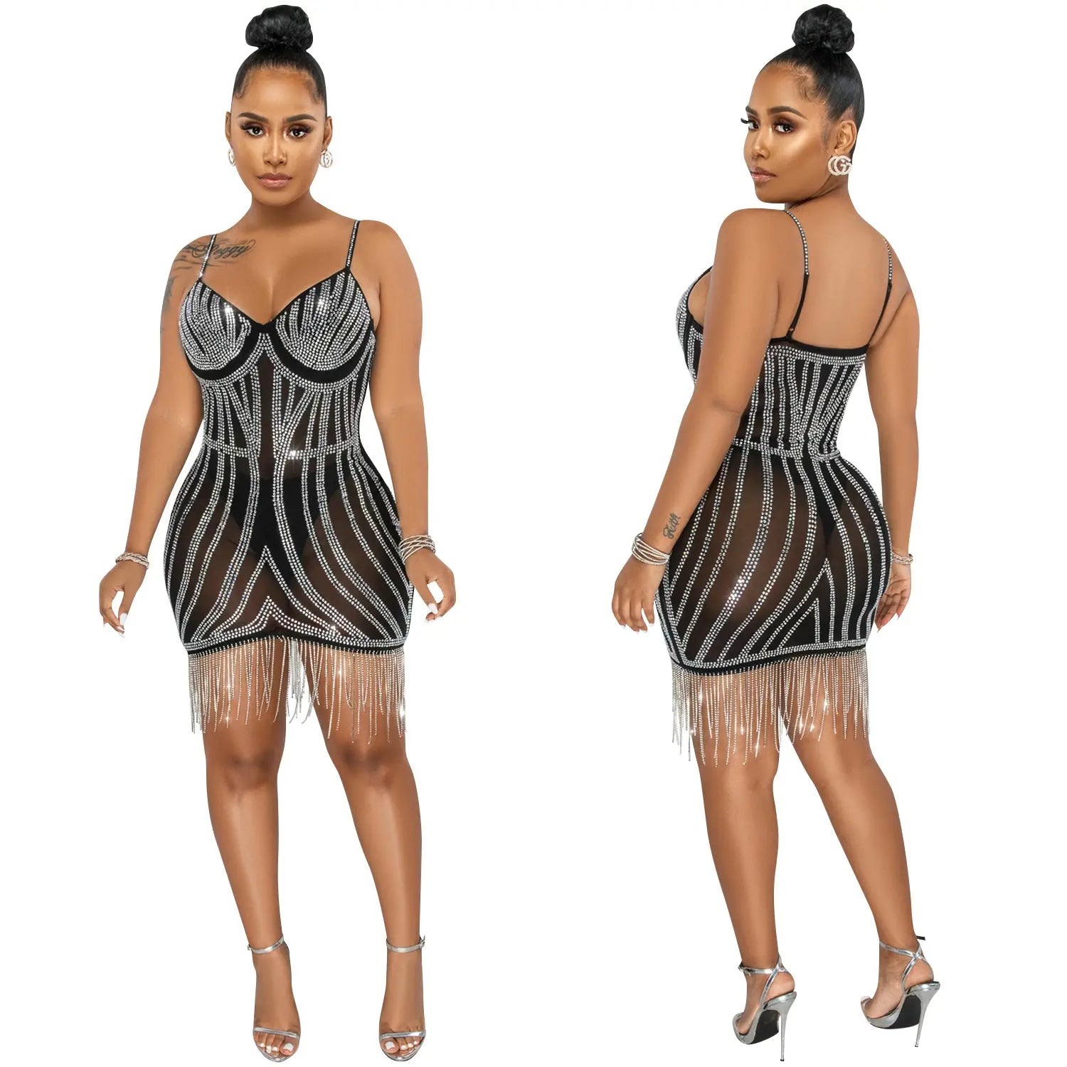 Sexy embellished strapless sleeveless crop top dress with fringe details