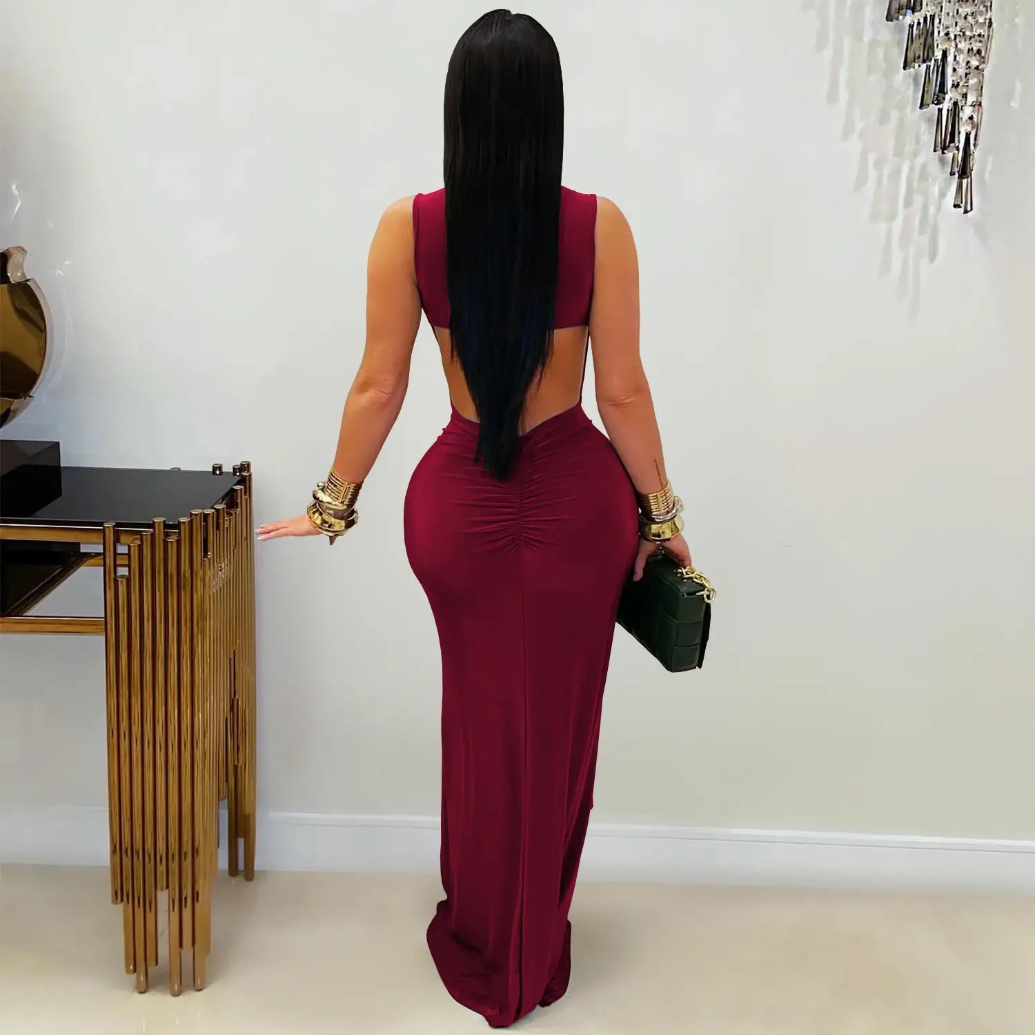 Fashion women’s elegant solid color slim backless dress