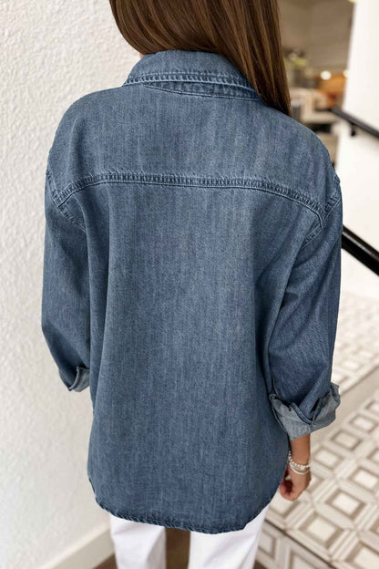 Sky Blue Color Block Pocket Detail Casual Button Down Denim Shirt