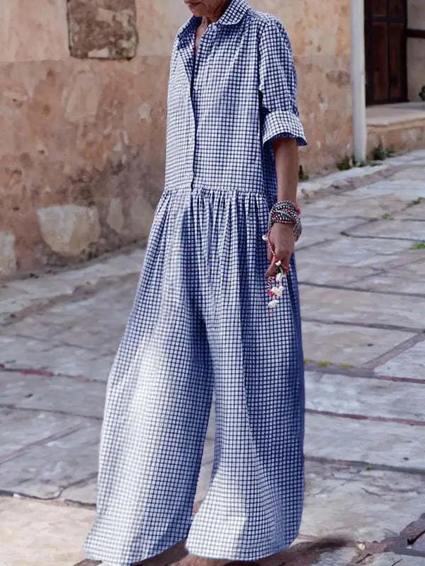Fashion style plaid shirt collar long sleeve jumpsuit