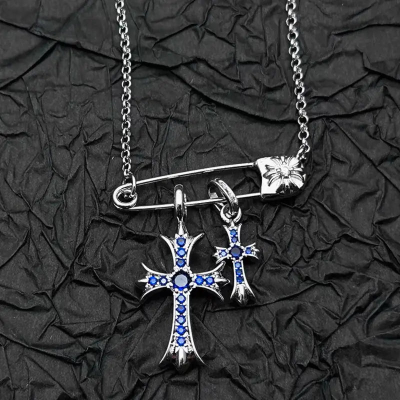 925 silver plated white gold rhinestone pin double cross pendant necklace for men and women european and american style