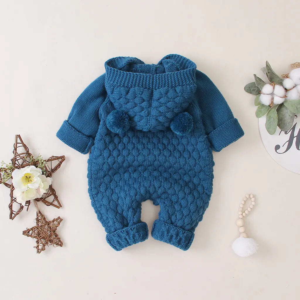Children’s three-dimensional fur ball hooded solid color knitted jumpsuit