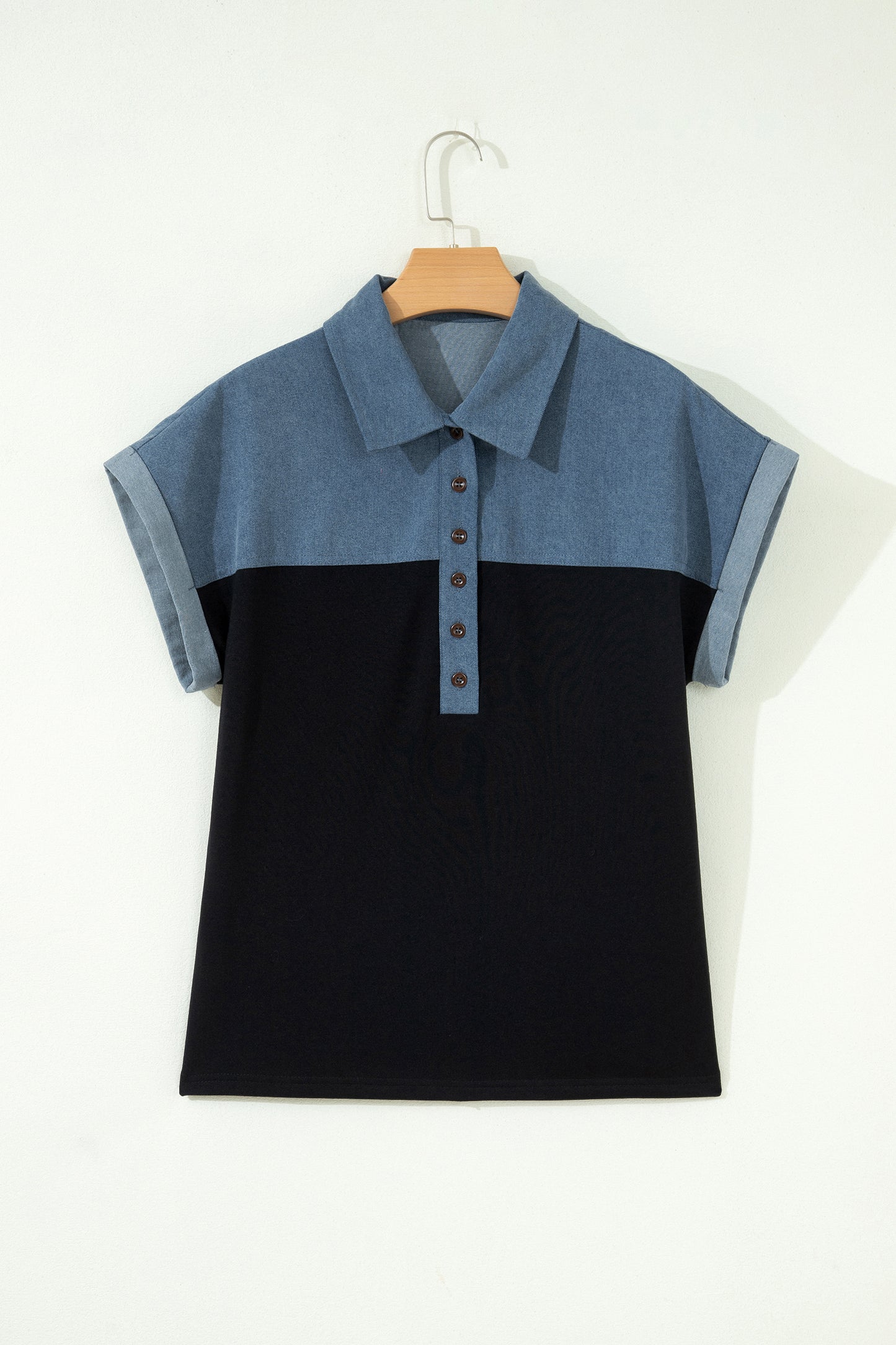 Light Grey Color Block Denim Patchwork Button Polo Collar Short Sleeve Top