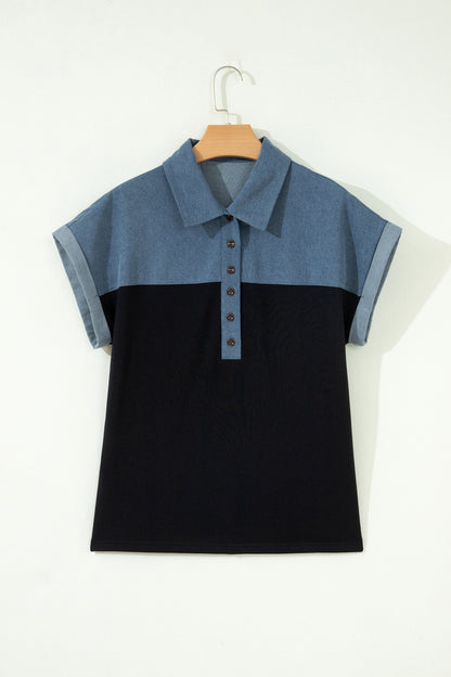 Light Grey Color Block Denim Patchwork Button Polo Collar Short Sleeve Top