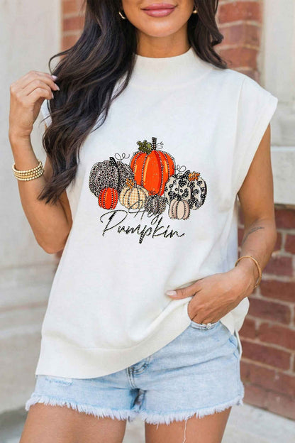 White Rhinestone Embellished Pumpkin Graphic High Neck Cap Sleeve Top