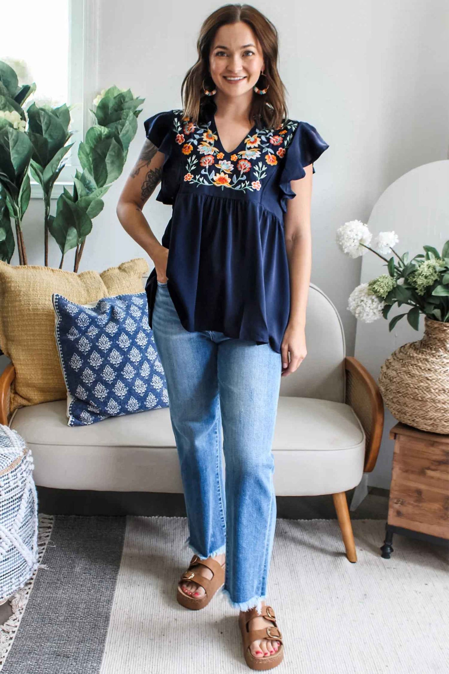 Dirty Blue V Neck Ruffled Sleeve Floral Embroidered Detail Babydoll Blouse