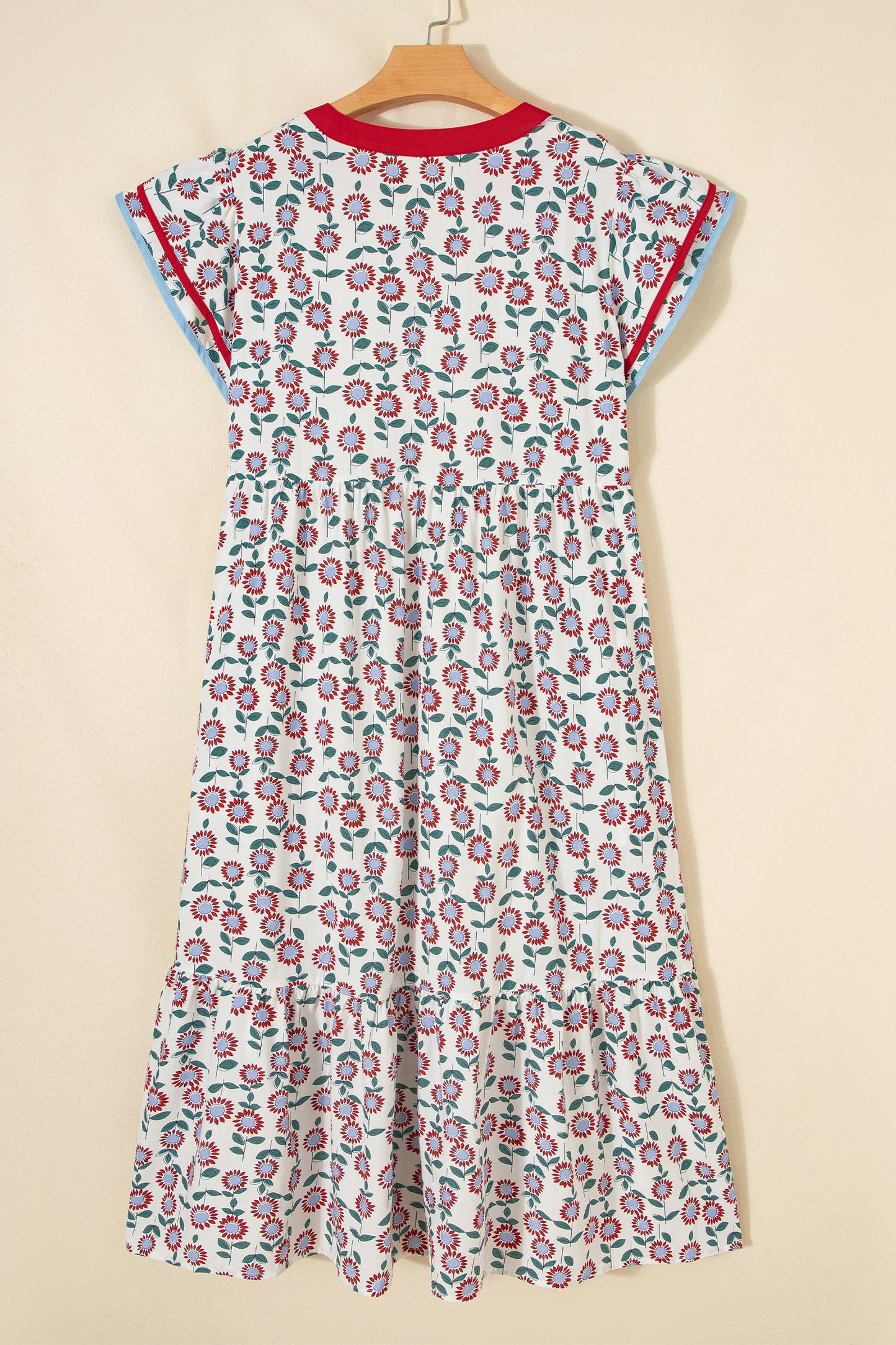 Sky Blue Cute Sunflower Printed Striped Patchwork Trim Flutter Sleeve Long Dress