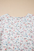 White Floral Print Slim Fit Square Neck Long Sleeve Top