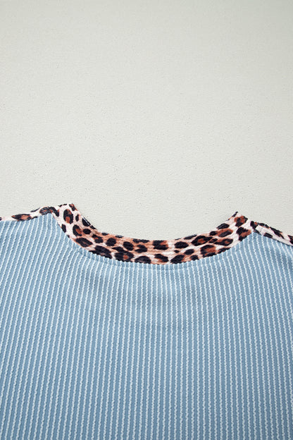 Light Grey Leopard Trim Twist Ribbed Short Set