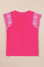 Strawberry Pink Floral Embroidered Flutter Sleeve Pleated Plus Size Blouse