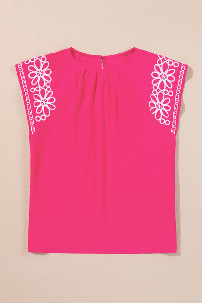 Strawberry Pink Floral Embroidered Flutter Sleeve Pleated Plus Size Blouse