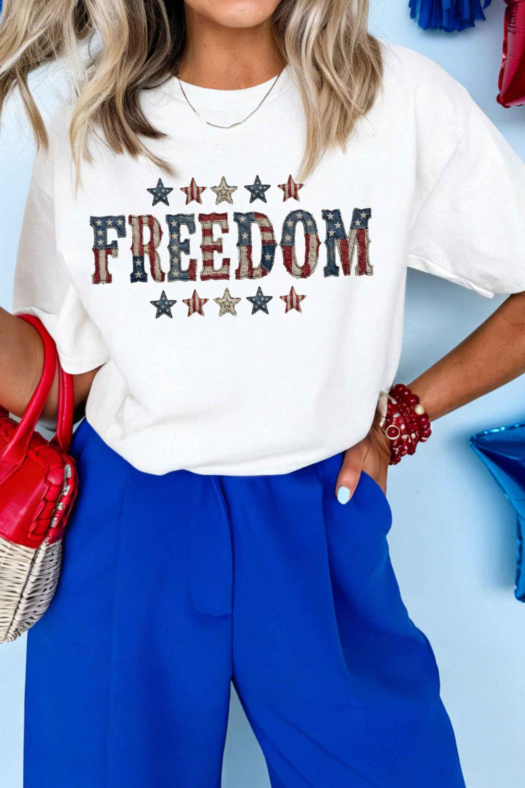 White FREEDOM Patriotic Letter Print Crew Neck T Shirt