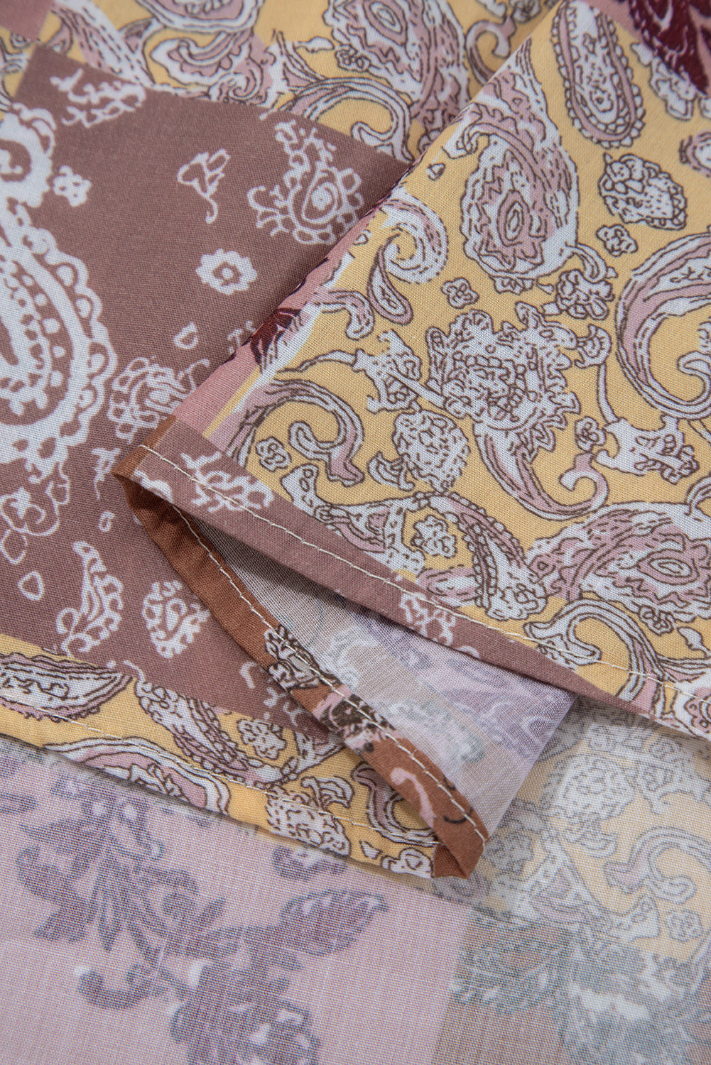 Beige Paisley Ethnic Print Waffle Patchwork Long Sleeve Loose Top