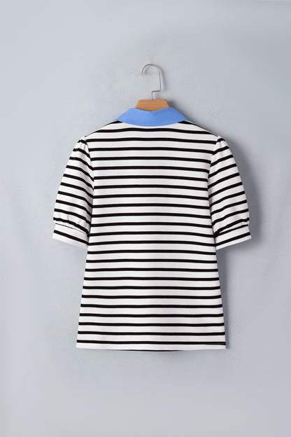 Blue Stripe Short Puff Sleeve Color Block Polo Collar Blouse