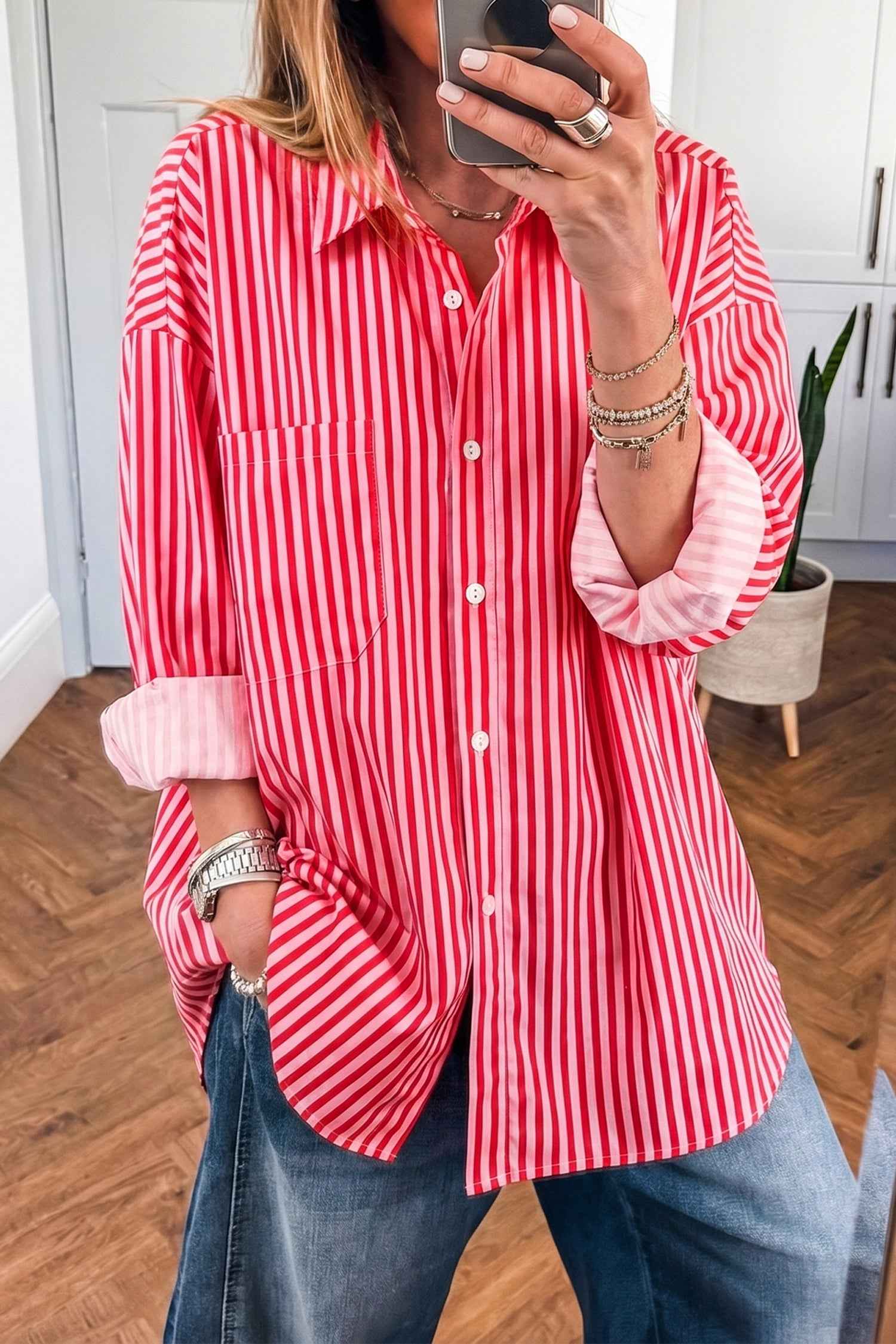 Red Stripe Button-Up Shirt Long Sleeve Patch Pocket Casual Shirt
