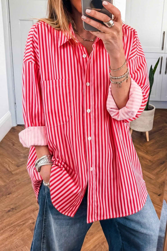 Red Stripe Button-Up Shirt Long Sleeve Patch Pocket Casual Shirt