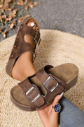 Coffee Retro Double Buckle PU Leather Faux Suede Platform Slippers