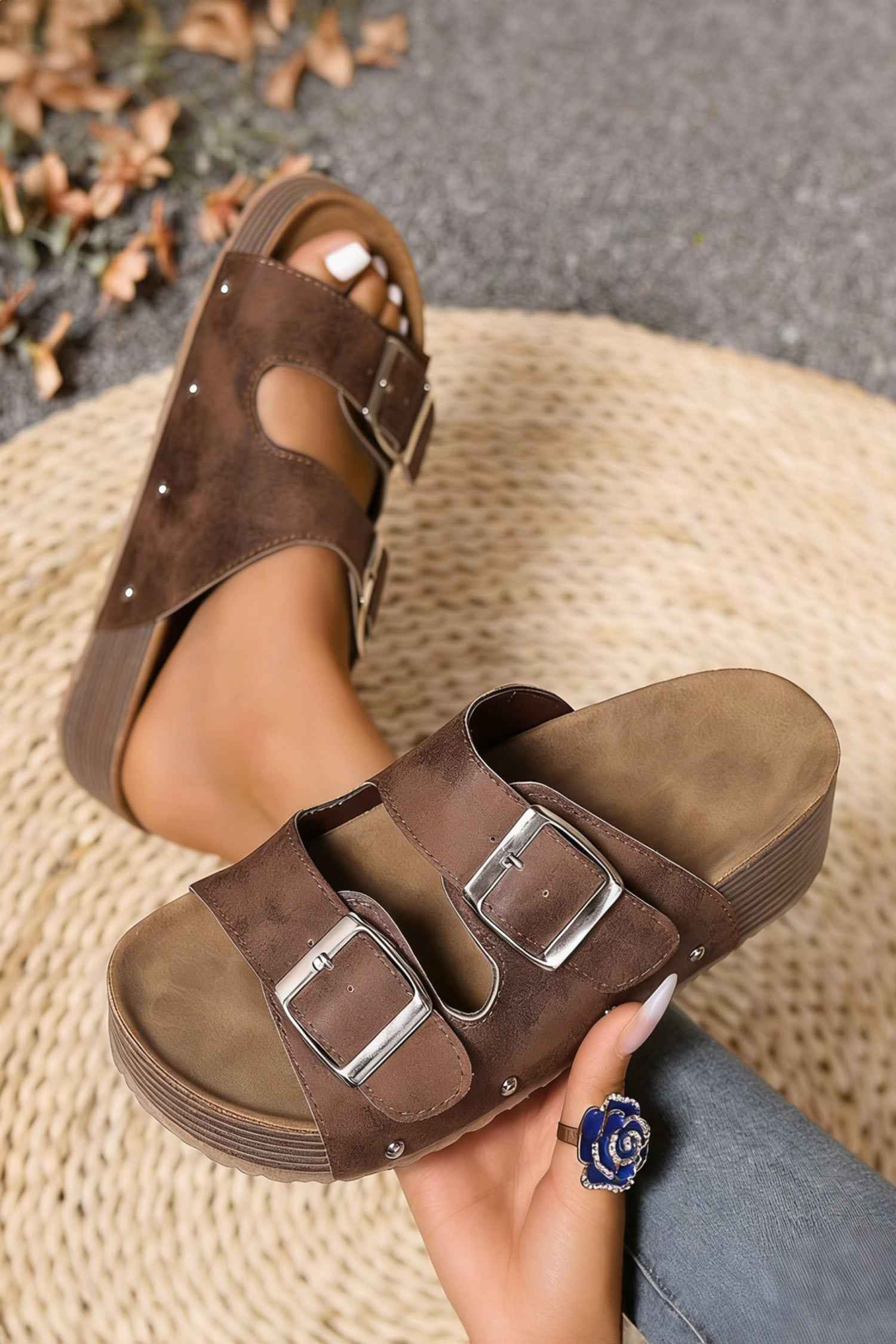 Coffee Retro Double Buckle PU Leather Faux Suede Platform Slippers