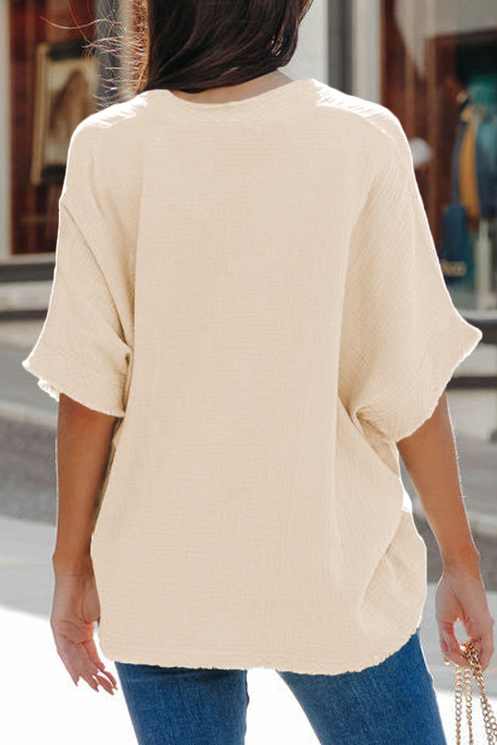 Black Frayed Batwing Sleeve Textured Cotton Blouse