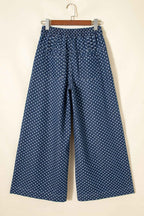Sky Blue Polka Dot Print Button Pleated Detail Wide Leg Jeans