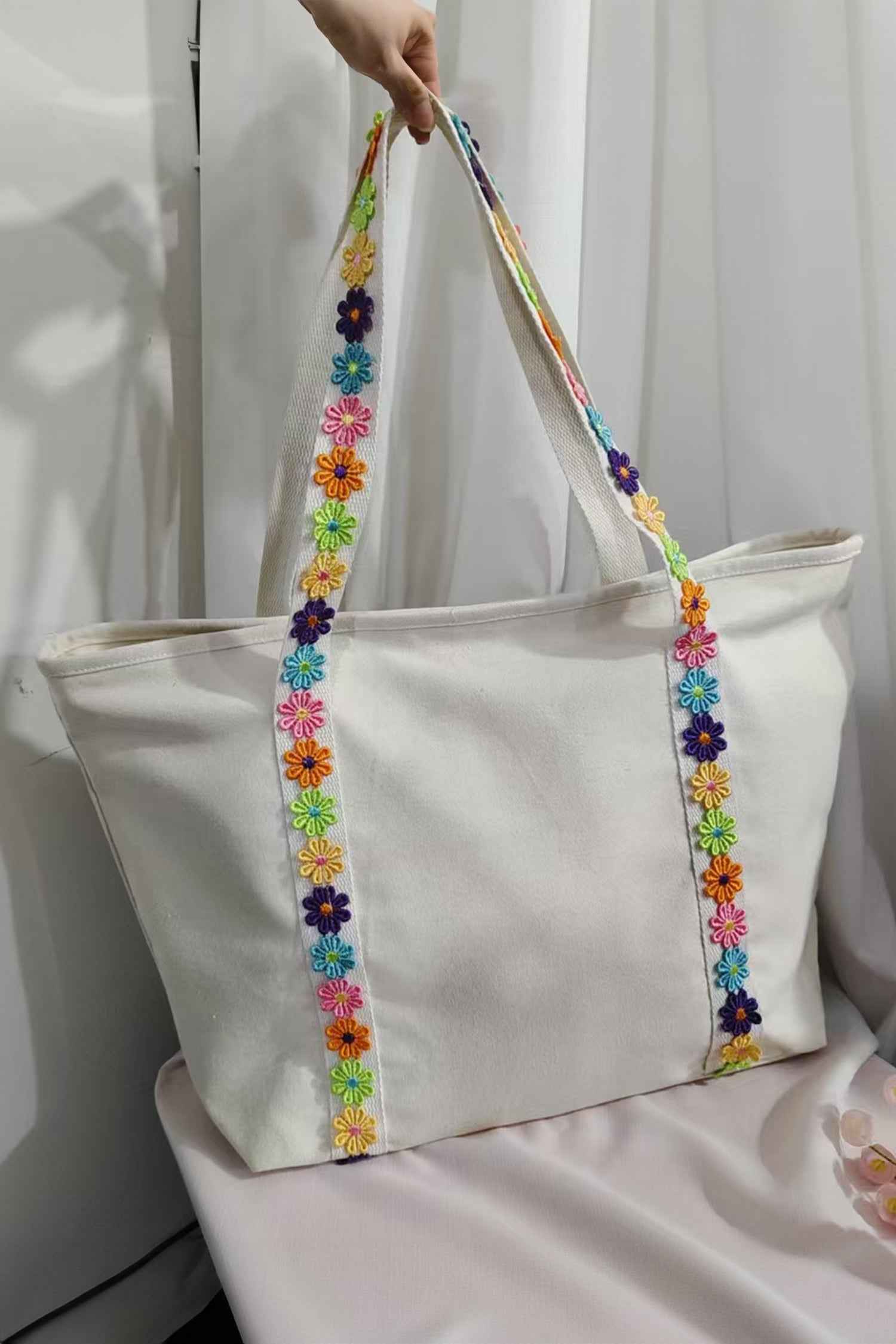 White Canvas Tote Bag with Embroidered Floral Strap Detail