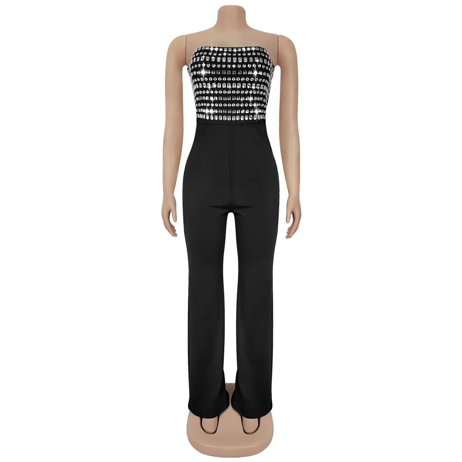 Style summer rhinestone bodysuit sexy strapless unique straight fit solid color long pants for women