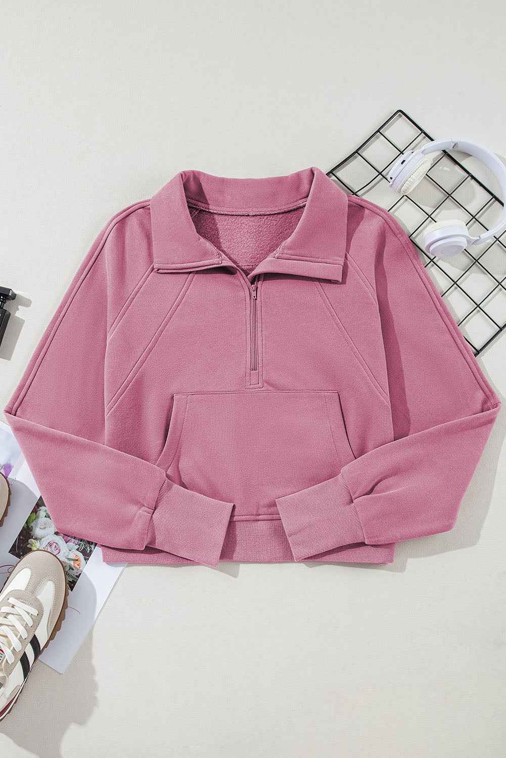 Phalaenopsis Zip Up Stand Collar Ribbed Thumbhole Sleeve Sweatshirt