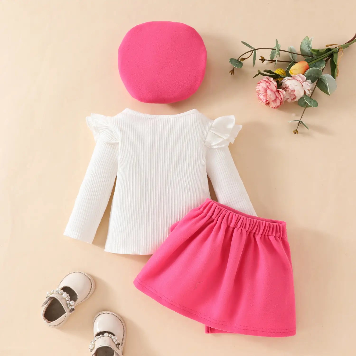 Fashion step girl big bow beret long sleeve top with velvet half skirt autumn/winter 3-piece set