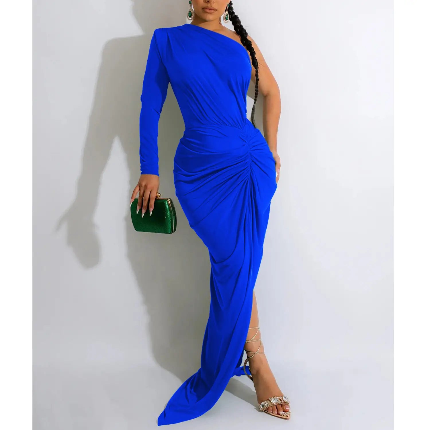 Fashion women’s solid color asymmetrical neck single long sleeve long dress with pleats