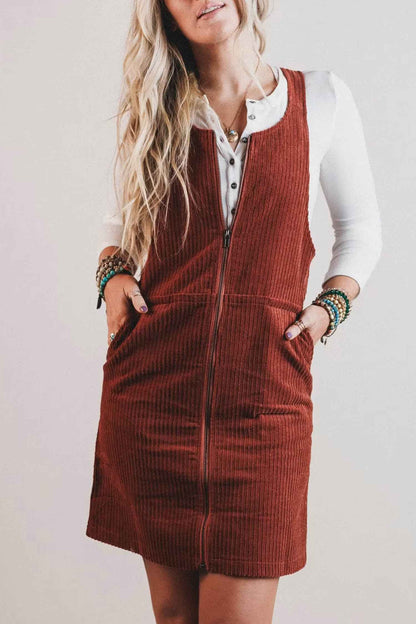 Clay Ribbed Corduroy Zip-Up Sleeveless Pocket Sheath Dress