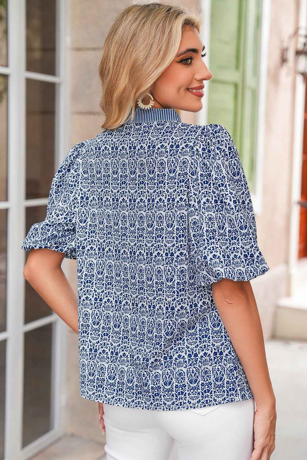 Blue Floral Striped Print Contrast Ricrac V Neck Puff Sleeve Blouse