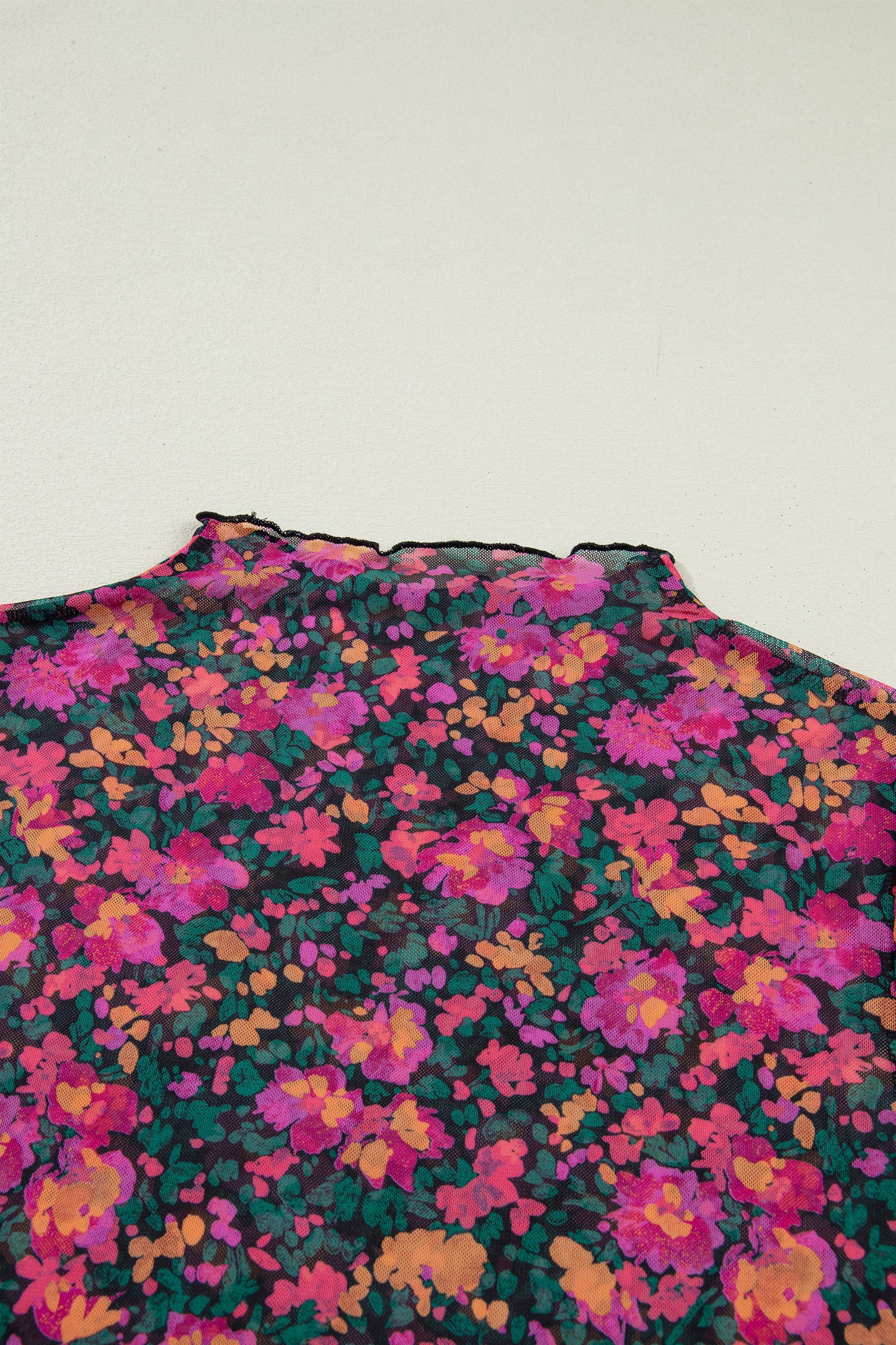 Brown Floral Printed Mesh Short Sleeve Top