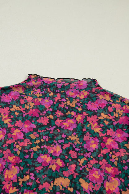Brown Floral Printed Mesh Short Sleeve Top