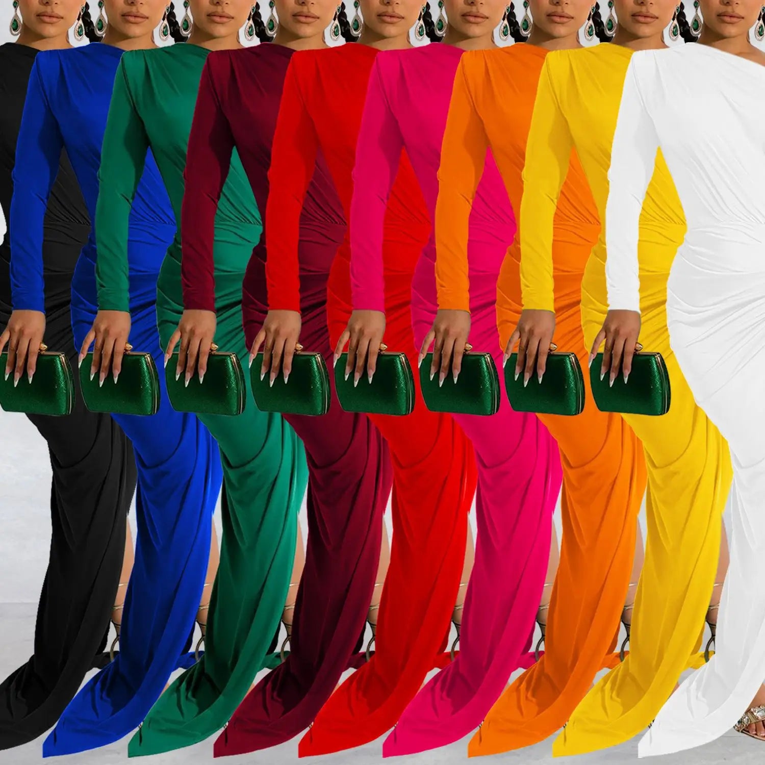 Fashion women’s solid color asymmetrical neck single long sleeve long dress with pleats