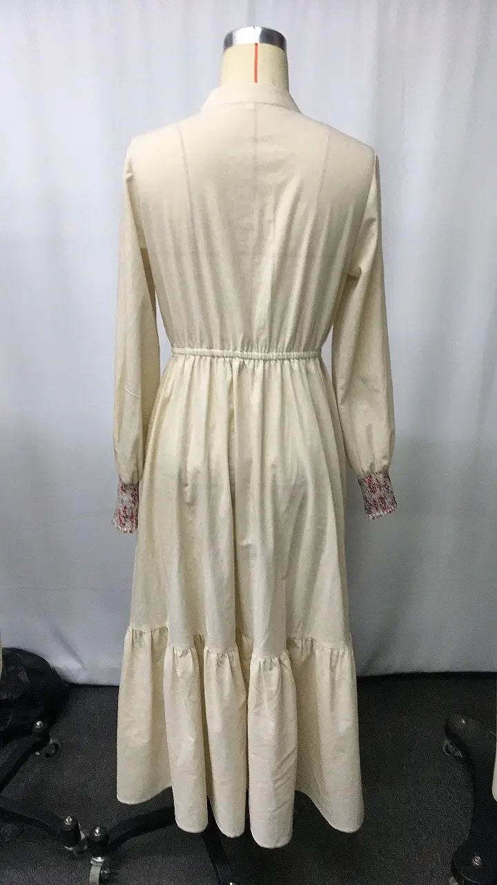 Vintage V-Neck Floral Print Long Sleeve Dress for Women