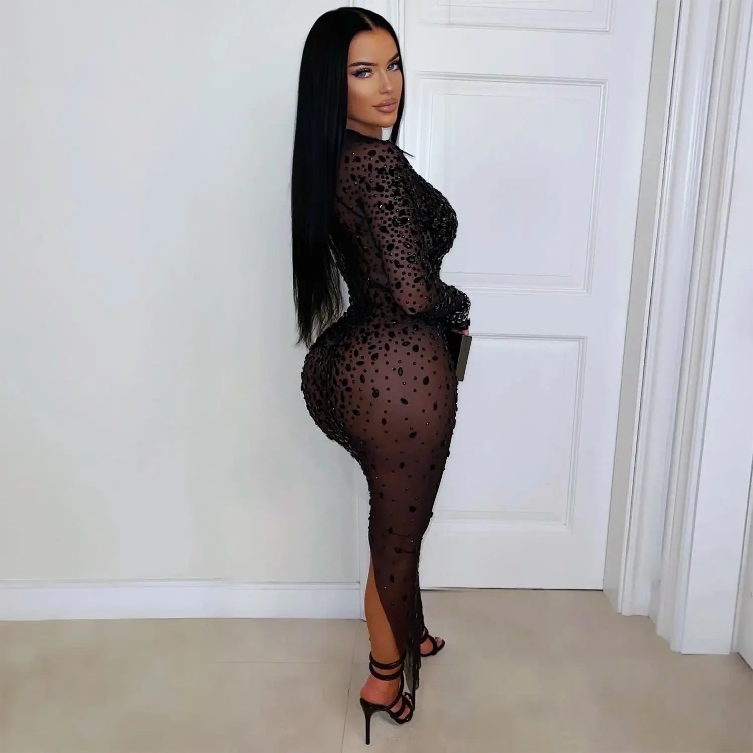 Sexy Sheer Mesh Rhinestone Bodycon Dress