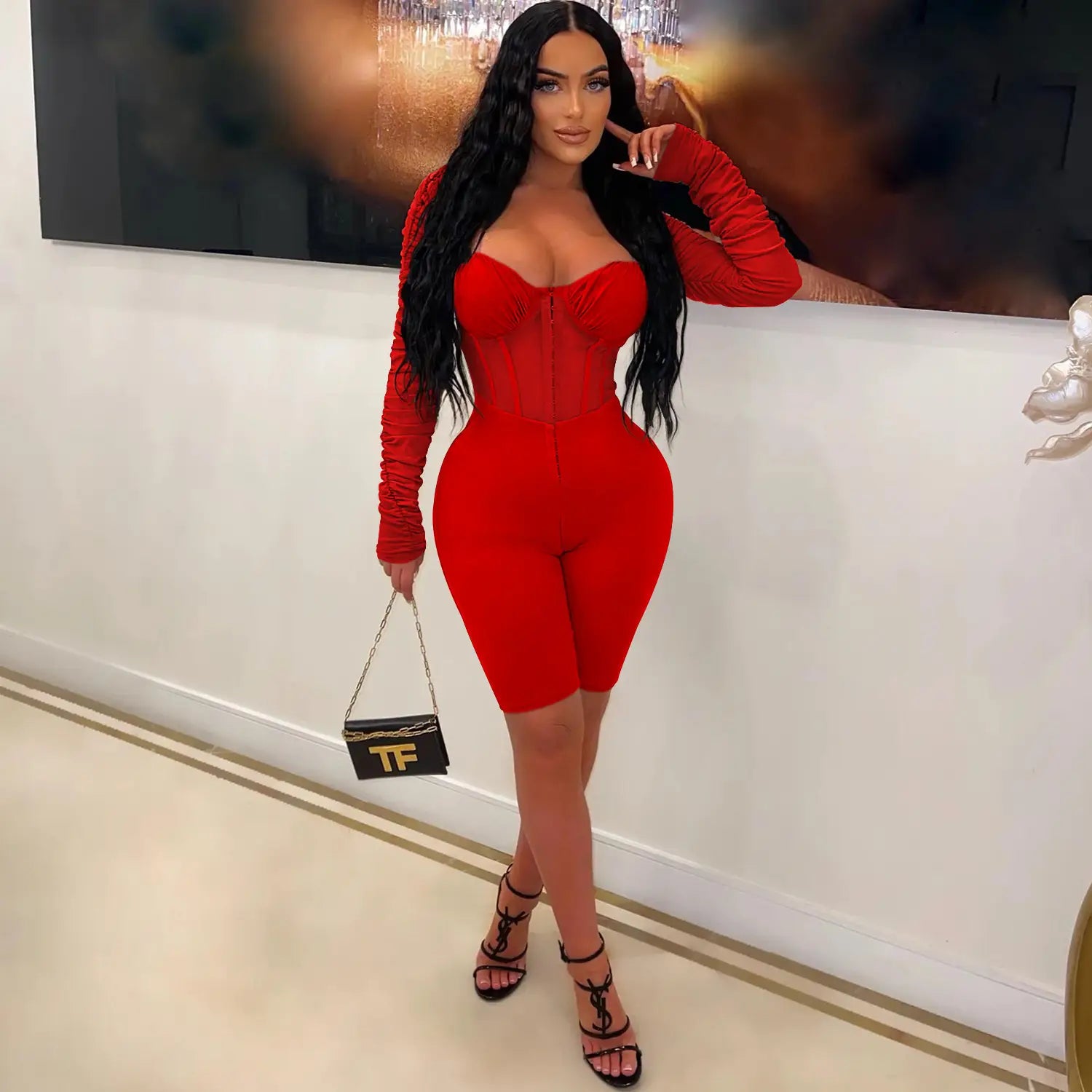 Fashion women’s solid color long sleeve short pants mesh sheer jumpsuit