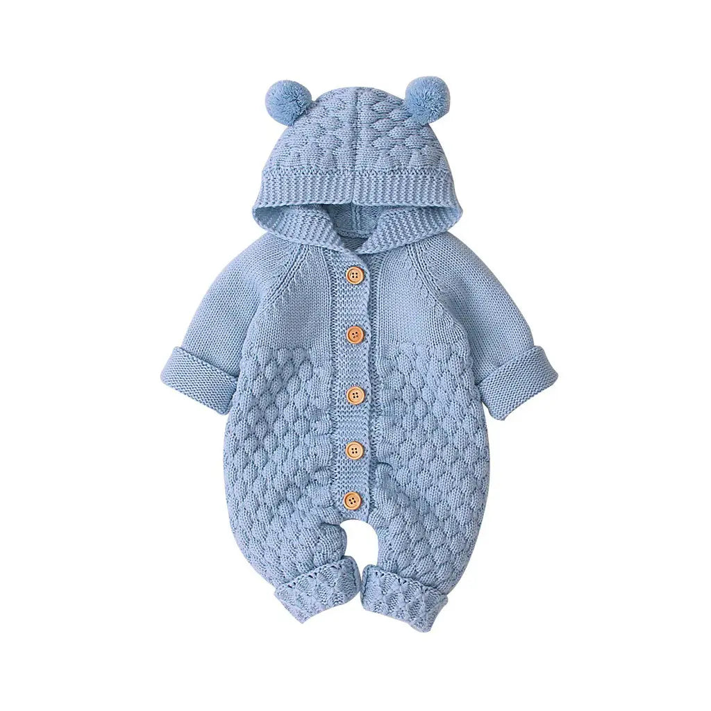 Children’s three-dimensional fur ball hooded solid color knitted jumpsuit