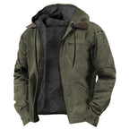 Casual Solid Color Hooded Cotton Jacket with Fleece Lining and Zipper Pockets for Men